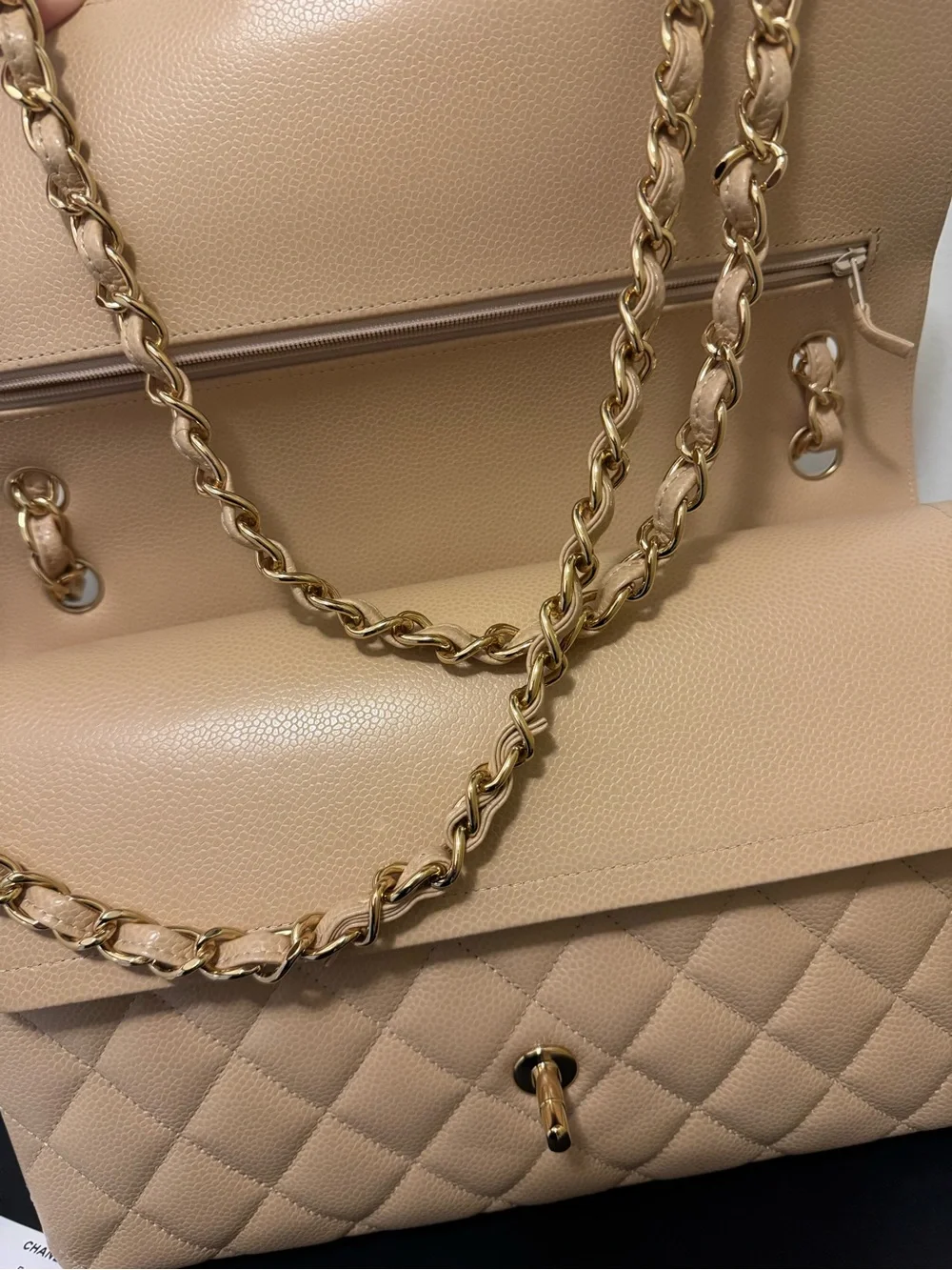 CHANEL JUMBO Beige Quilted Flap Shoulder Bag with Gold Chain
